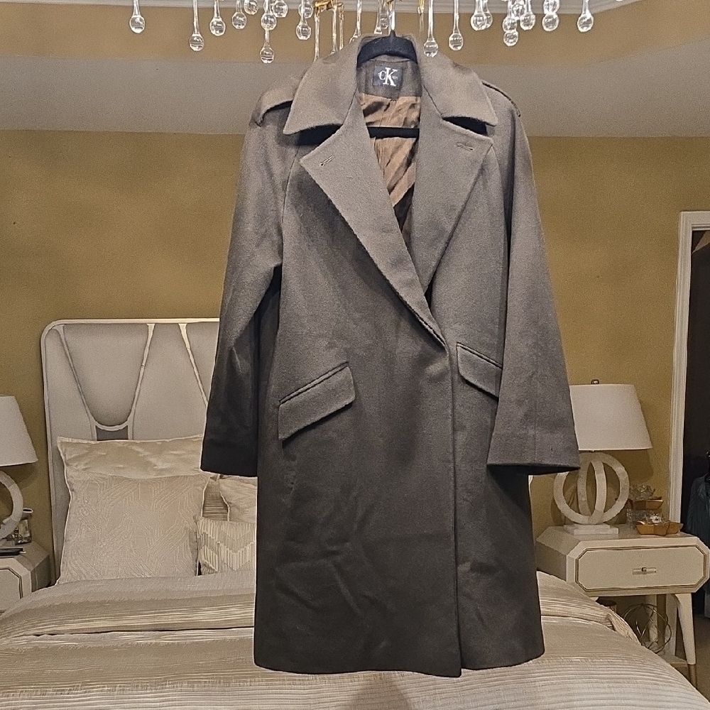 Merino Wool Calvin Klein Women's Dark Green Trench Coat  Vintage Oversized   6